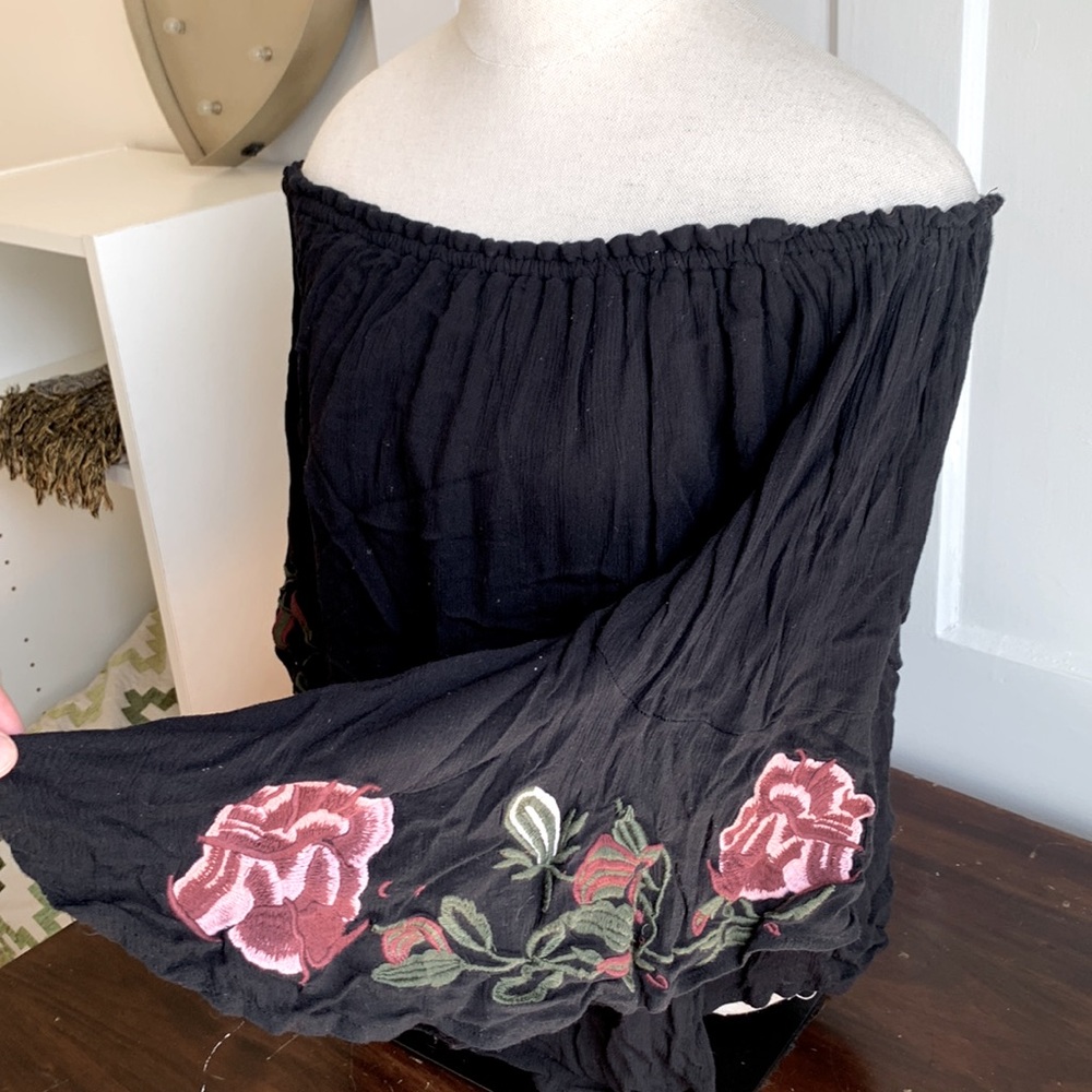 Flirty & Dramatic — off the shoulder, bell sleeve embroidered rose blouse